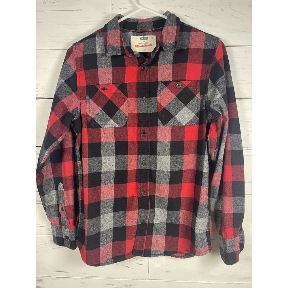Urban Pipeline Ultimate Flannel boys long sleeve collared shirt red plaid size L